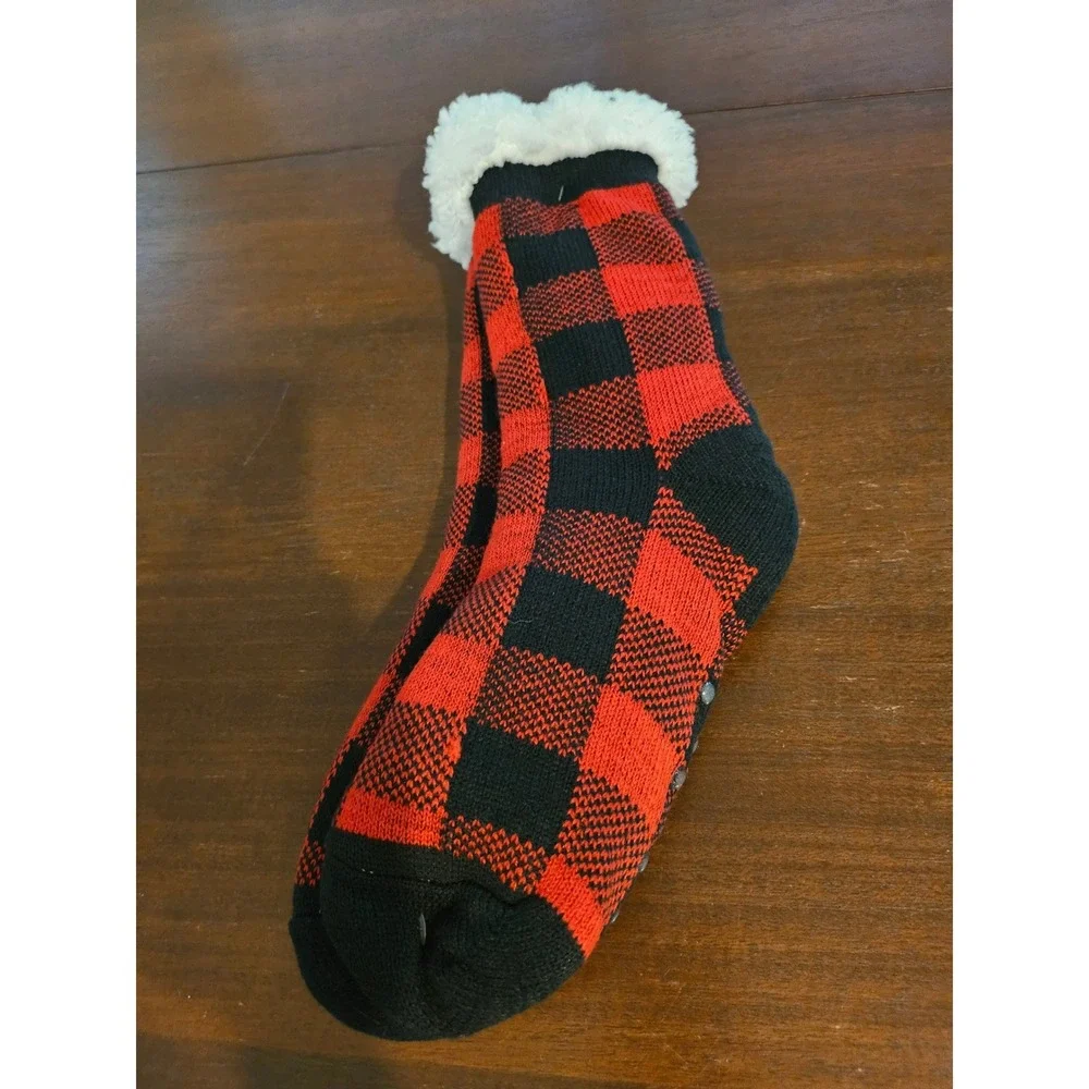 Unbranded Slipper Socks Womens OS Red Black Buffalo Plaid Faux Fur Lined Gripper